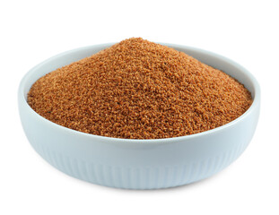 Natural coconut sugar in bowl isolated on white