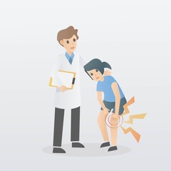 Knee pain concept,doctor is examining and giving advice on knee paiminingn problems to a female patientsuffer from exercise injuries,Professional care and treatment at the hospital,vector illustration