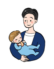 赤ちゃんを抱っこして寝かしつけるお父さんのイラスト