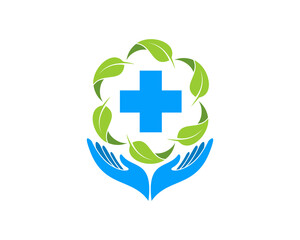 Hand care with nature leaf and plus medical symbol inside