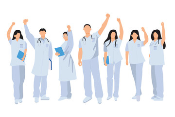 Flat illustration. A team of doctors on each page working as a team to treat people infected with COVID-19. in the hospital for the most effective treatment