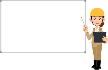 資料と指し棒を持って説明するベージュ色の作業服を着てヘルメットを被った女性とシンプルなホワイトボード

