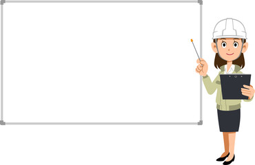 資料と指し棒を持って説明するヘルメットを被り作業着を着た女性とシンプルなホワイトボード
