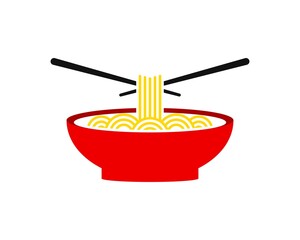 Red bowl with noodle and cross chopstick on the top