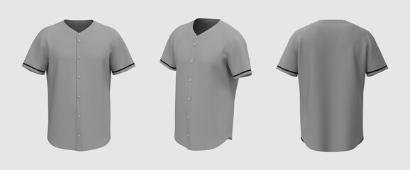 Baseball t-shirt mockup in front, side and back views, 3d illustration, 3d rendering