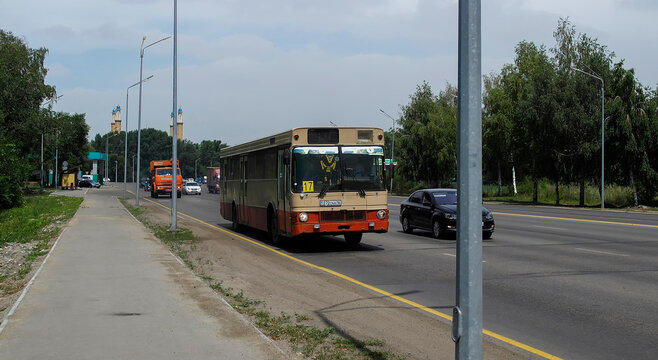 Kazakhstan, Ust-Kamenogorsk, July 7, 2021: Volvo B10M Mk 3 , Wiima K202. Old City Bus. Public Transport