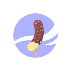 illustration of a chocolate banana. banana wrapped or covered with chocolate liquid and colorful meises. food and fruit. flat cartoon style. vector design