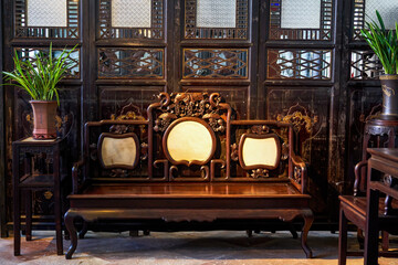 Exquisitely carved mahogany furniture in the Chen Clan Ancestral Hall in Guangzhou