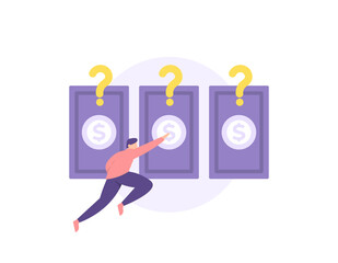 the concept of choice, taking a chance, seeing an opportunity, predicting. illustration of a person who has to choose three gift cards. strategy and luck. flat cartoon style. vector design