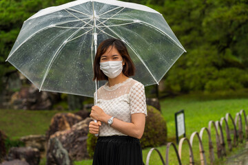 雨の中マスクを付けた若い女性