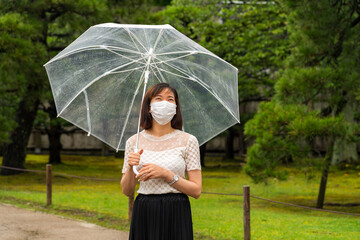 雨の中マスクを付けた若い女性