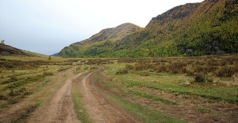 Naklejka premium A winding field road leading through a narrow valley surrounded by high mountains.