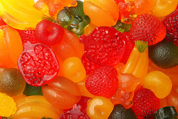 Mix of different delicious gummy candies as background, top view