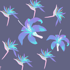 Fototapeta na wymiar Blue Pattern Background. Indigo Tropical Leaves. Cobalt Floral Nature. Violet Flora Foliage. Purple Decoration Leaves. Navy Wallpaper Leaves. Coral Spring Art.