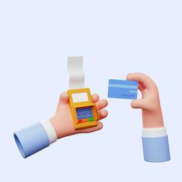 3d illustration of hand holding edc machine with credit card