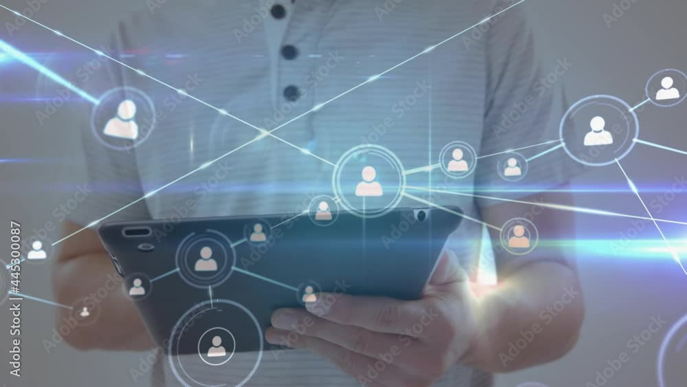 Poster animation of network of connections over businessman using tablet