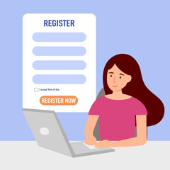 Woman submitting online registration form on laptop computer in flat design.
