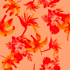 Red Pattern Vintage. Scarlet Seamless Exotic. Coral Tropical Illustration. Ruby Flower Palm. Pink Wallpaper Texture. Decoration Exotic. Watercolor Leaf.