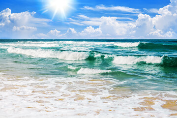 Exotic tropical paradise island beach, turquoise sea water, ocean waves, sand, sun, blue sky white clouds, beautiful tropic nature view, summer holidays, caribbean vacation, travel landscape, seascape