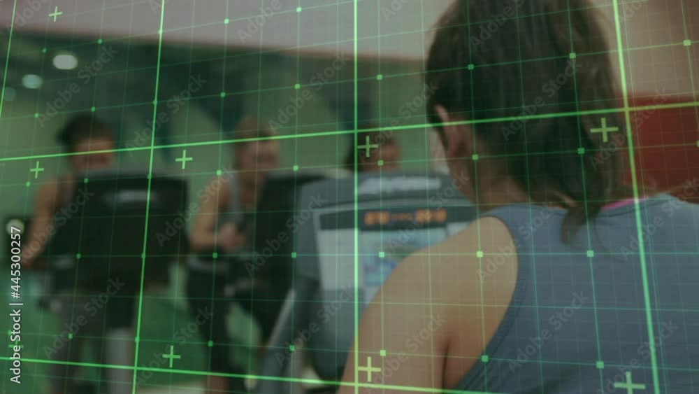 Poster animation of digital interface with squares over people exercising in gym