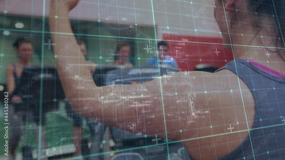 Poster animation of data processing over people on stationary bikes in gym class