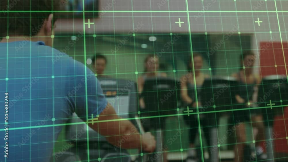 Poster animation of digital interface with squares over people exercising in gym