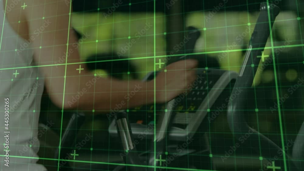Poster animation of digital interface with squares over man exercising in gym
