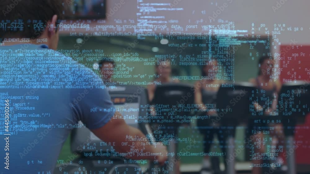 Poster animation of data processing over people exercising in gym