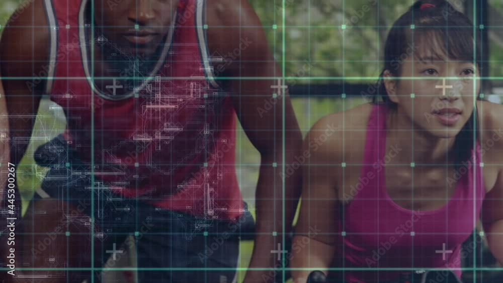 Poster animation of digital interface with squares over people exercising in gym