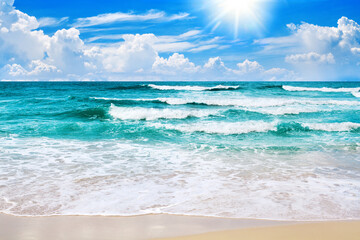 Exotic tropical paradise island beach, turquoise sea water, ocean waves, sand, sun, blue sky white...
