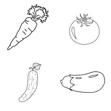 A set of pictures with sketches of a black line of vegetables, tomatoes, cucumbers, eggplant, carrots on a white background. For menu, decoration, design, coloring, coloring