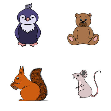 A set of pictures with animals, a squirrel, a penguin, a bear cub and a mouse on a white background. For postcards, posters, children's books, presentations, covers, calendars, decoration