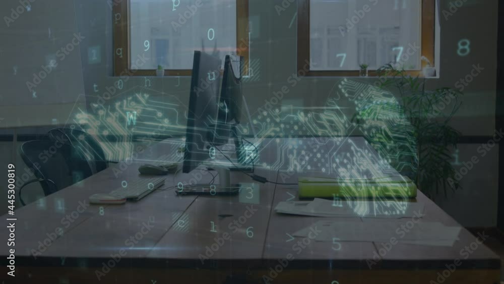 Poster animation of cyber attack warning over computers on desk
