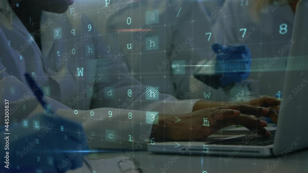 Poster animation of cyber attack warning over scientists using computer