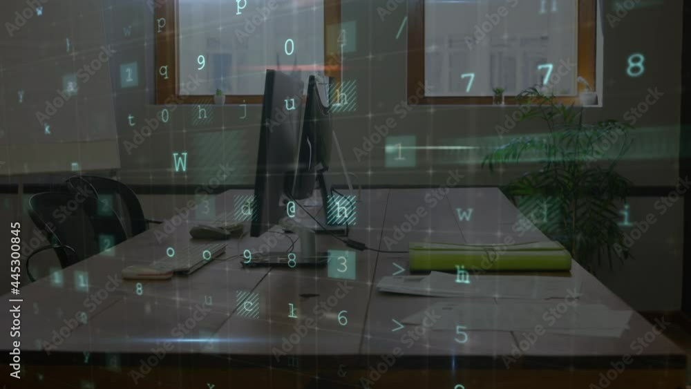 Poster animation of cyber attack warning over computers on desk