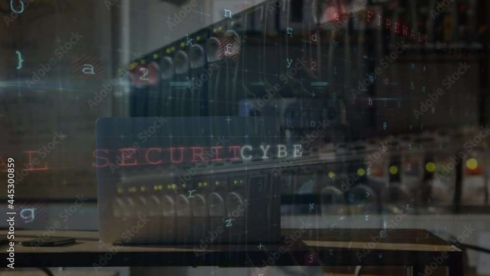 Poster animation of cyber attack warning over woman with computer server