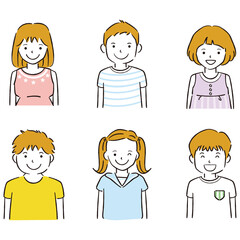 手書き線画カラーイラスト 線画　上半身男の子女の子6人　夏