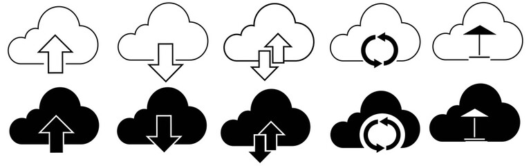 Cloud download and upload icon. Upload download cloud arrow. Line style. Download cloud computing outline and filled vector sign. Download symbol. - obrazy, fototapety, plakaty
