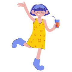 A girl at a pajama party. Pillow fights. Flat characters celebrating holiday. Children having fun at pajama. Vector illustration