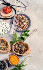 Alternative medicine variation pills and herbs. Alternative medicine variation pills and herbs. Homeopathy medicine concept.