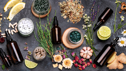 Alternative medicine variation pills and herbs. Homeopathy medicine concept.