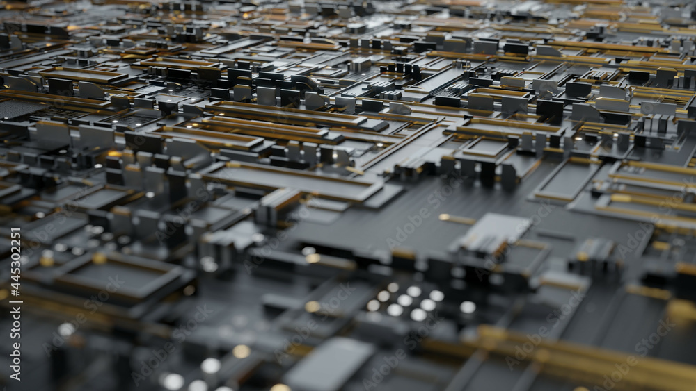 Poster 3d rendering close up of a motherboard with types of microchips and various electronic elements