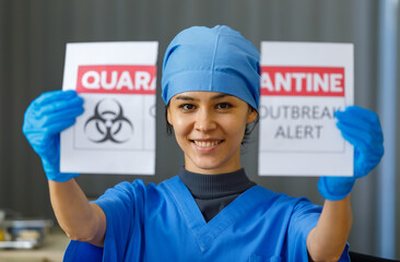 Portrait close up shot of happy beautiful doctor in blue hospital uniform tear quarantine outbreak...
