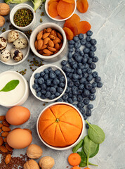 Food for eyes health. Foods that contain vitamins, nutrients, minerals and antioxidants.