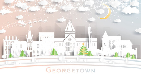 Georgetown Guyana City Skyline in Paper Cut Style with Snowflakes, Moon and Neon Garland.