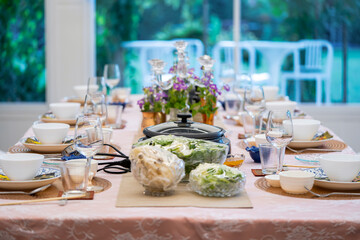 Sukiyaki Premium and Luxury Dinner Set for Celebration with special VIP guests. They have the raw material, beef, pork, chicken, egg, tofu, vegetable, shrimp, shell, squid.