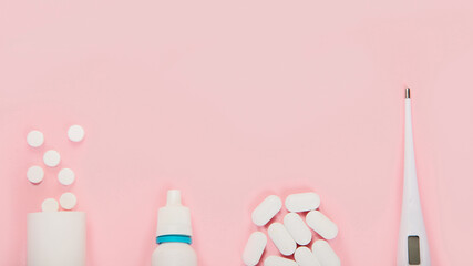 Collection of equipment medicine on pink background. Medical concept.