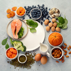 Food for eyes health. Foods that contain vitamins, nutrients, minerals and antioxidants.