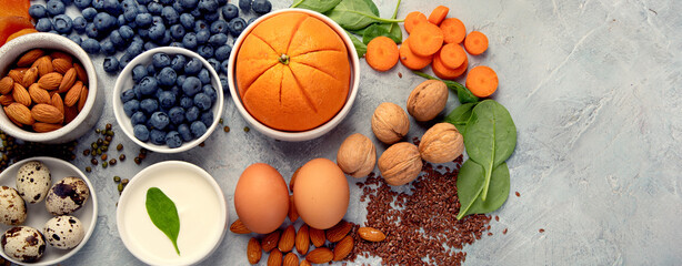 Food for eyes health. Foods that contain vitamins, nutrients, minerals and antioxidants.
