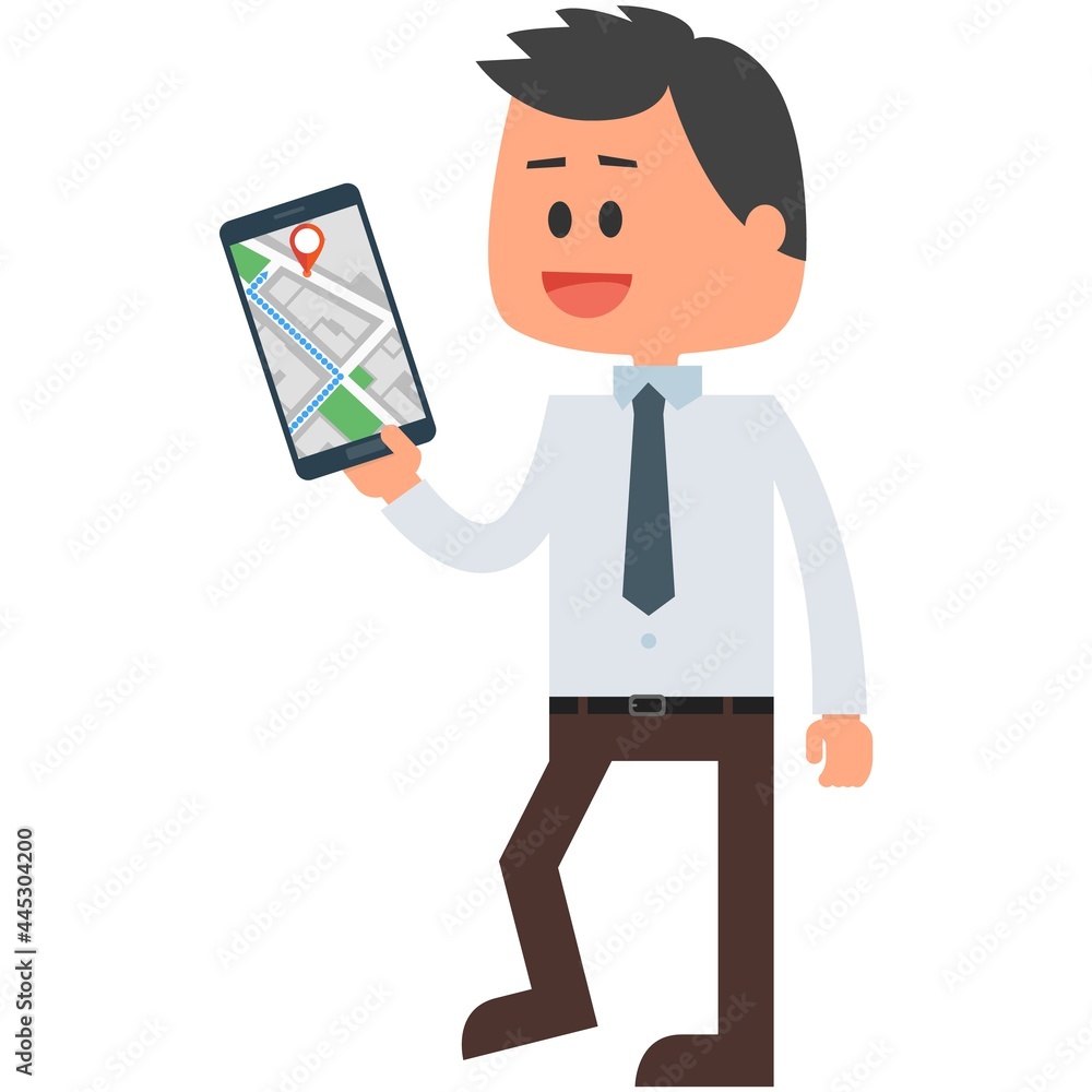 Poster vector man using mobile gps map to search route
